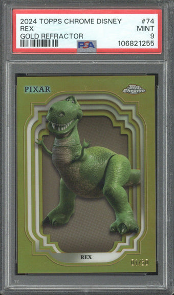 compare product 2024 Topps Chrome Disney Rex Gold Refractor /50 #74 PSA 9