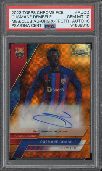 compare product 2022 Topps Chrome FC Barcelona Ousmane Dembele Orange X-Fractor /25 #AUOD PSA 10 Auto 10