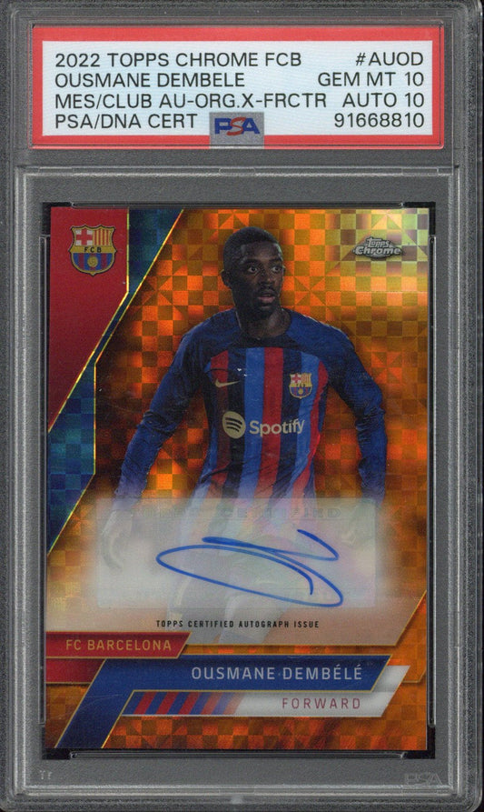 2022 Topps Chrome FC Barcelona Ousmane Dembele Orange X-Fractor /25 #AUOD PSA 10 Auto 10