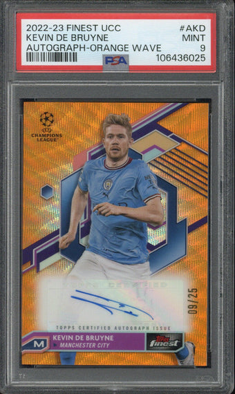 compare product 2022-23 Topps Finest UCC Kevin De Bruyne Orange Wave Autograph /25 #AKD PSA 9