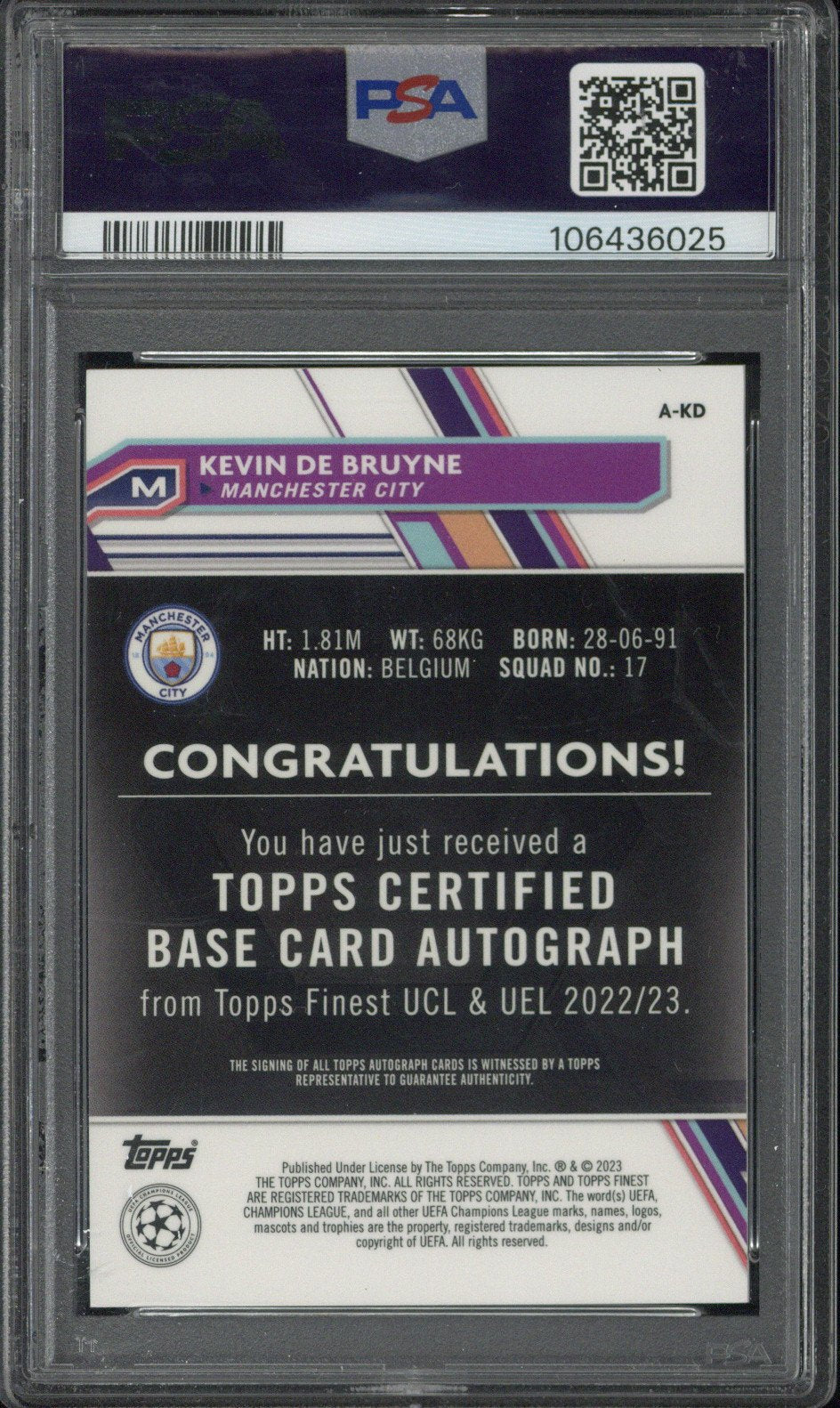 2022-23 Topps Finest UCC Kevin De Bruyne Orange Wave Autograph /25 #AKD PSA 9