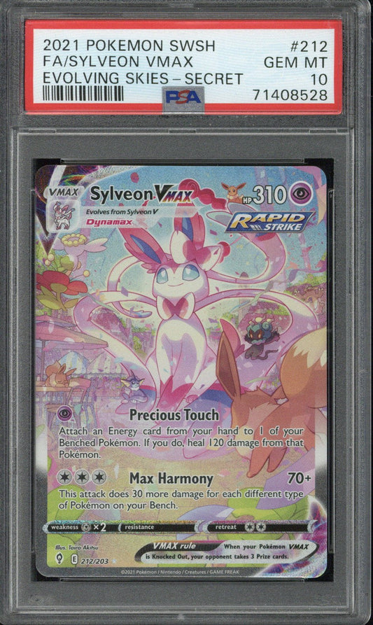 2021 Pokemon SWSH FA Sylveon VMAX Evolving Skies - Secret #212 PSA 10