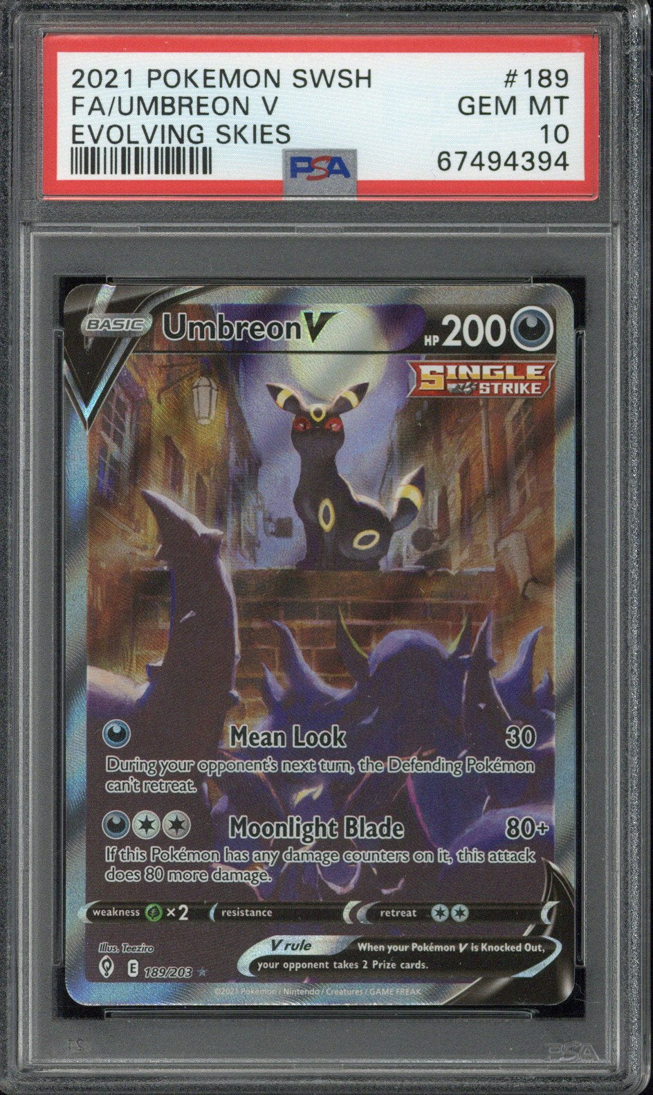 2021 Pokemon SWSH FA Umbreon V Evolving Skies #189 PSA 10