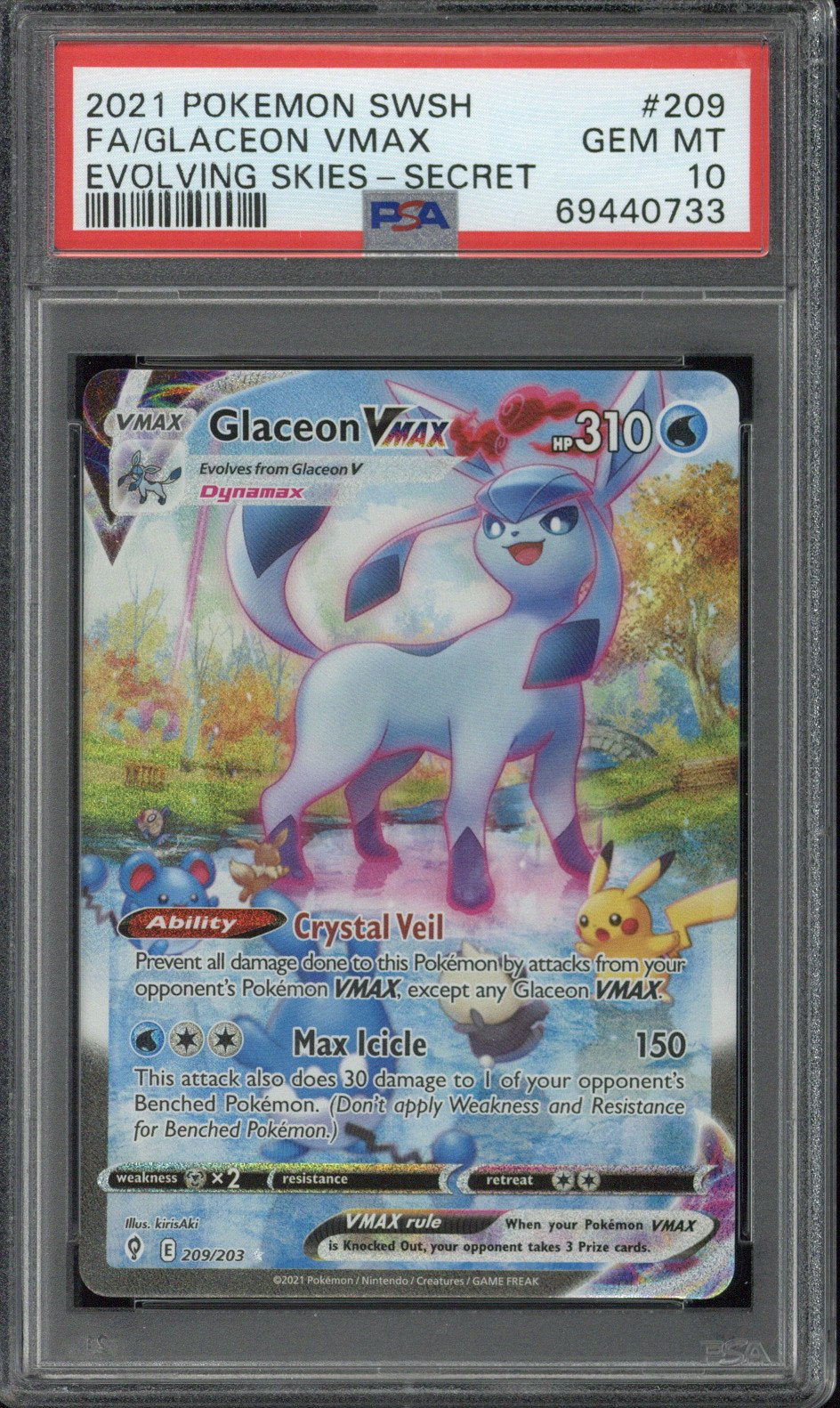 2021 Pokemon SWSH FA Glaceon VMAX Evolving Skies - Secret #209 PSA 10