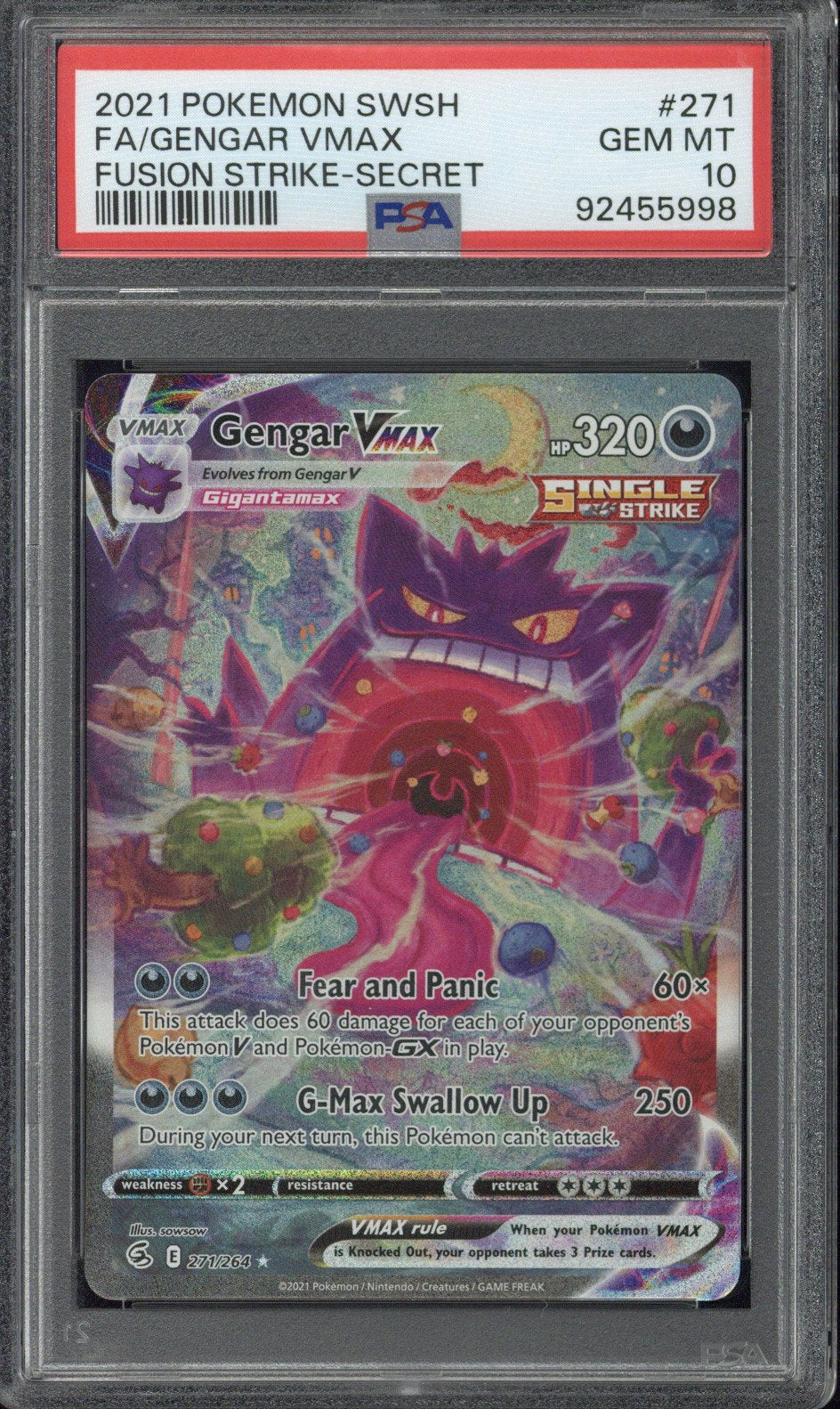 2021 Pokemon SWSH FA Gengar VMAX Fusion Strike - Secret #271 PSA 10