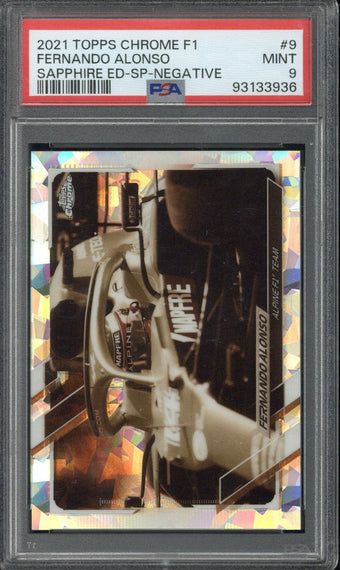 compare product 2021 Topps Chrome F1 Fernando Alonso /100 Sapphire Ed-Sp-Negative PSA 9