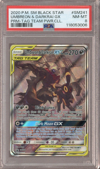 compare product 2020 P.M. SM Black Star Umbreon & Darkrai GX PRM-Tag Team #SM241 PSA 8 - EU