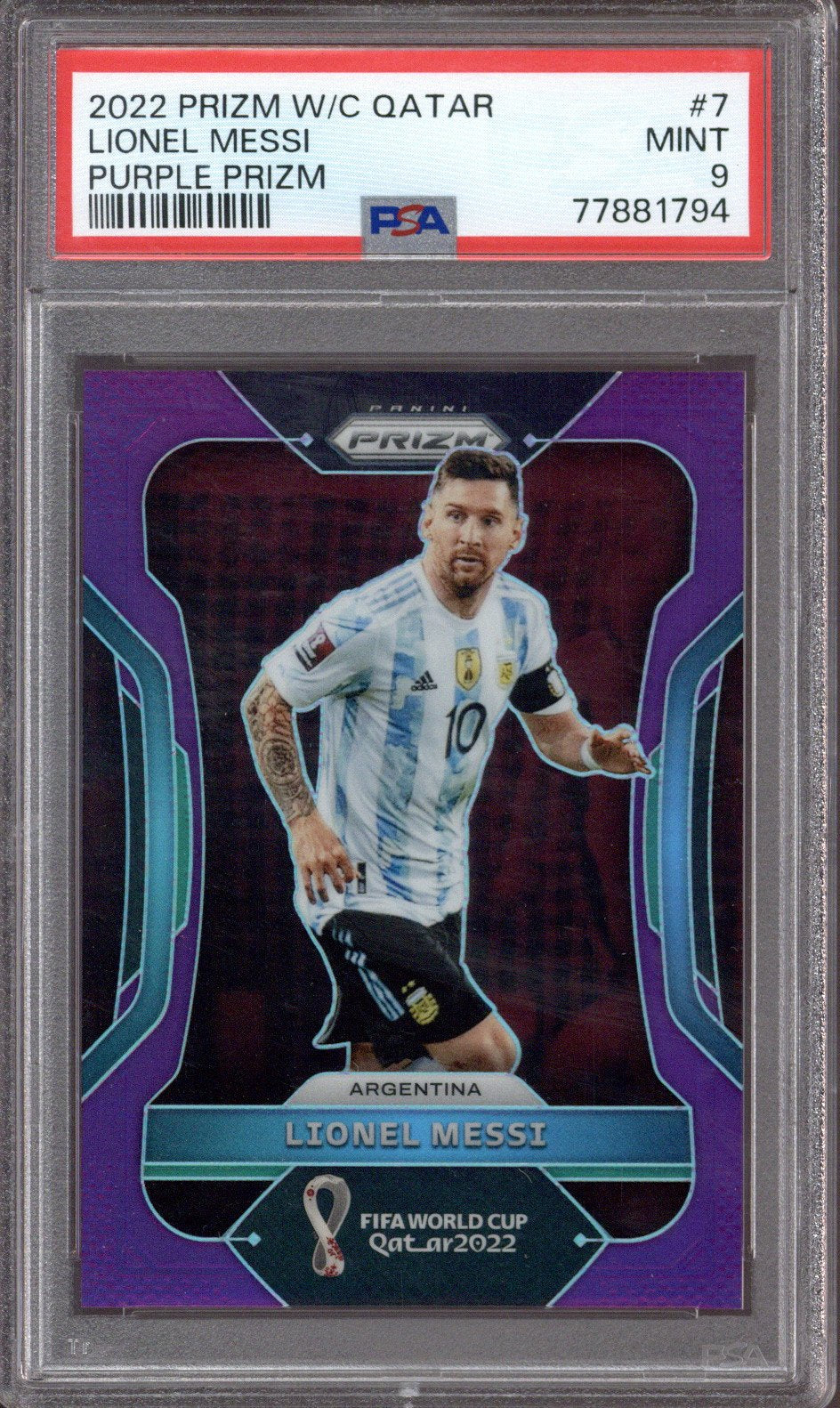 2022 Prizm W/C Qatar Lionel Messi Purple Prizm /199 #7 PSA 9 - EU