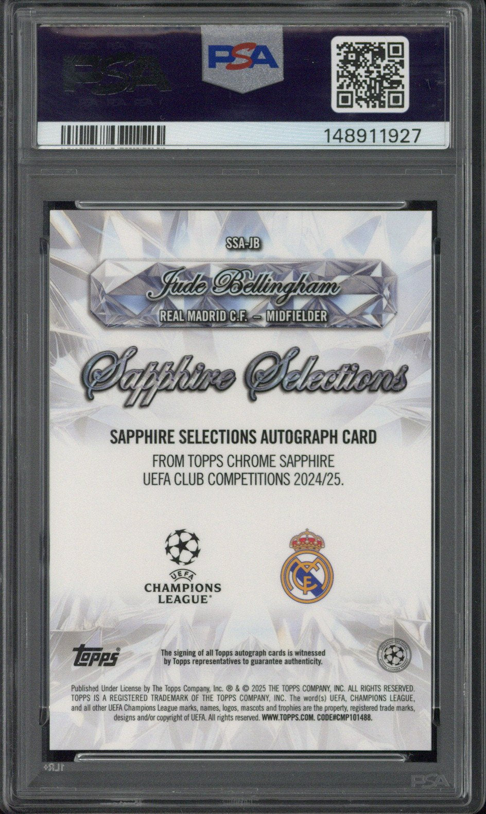 2024-25 Topps Sapphire UCC Jude Bellingham Sapphire Selections Autograph /10 #JB PSA 10 Auto 10