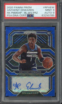 2020 Panini Prizm Anthony Edwards RC Penmanship Blue Wave Prizm Autograph #RPAEW PSA 9 Auto 9