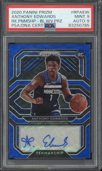 compare product 2020 Panini Prizm Anthony Edwards RC Penmanship Blue Wave Prizm Autograph #RPAEW PSA 9 Auto 9