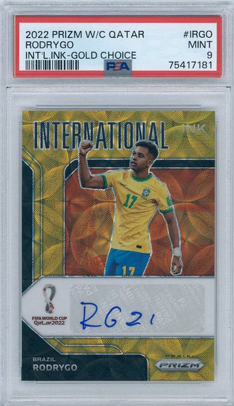 compare product 2022 Panini Soccer Prizm World Cup Qatar #IRGO Rodrygo International Ink 10/10 Auto PSA 9