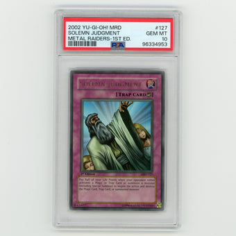 compare product 2002 YuGiOh MRD Solemn Judgement Metal Raiders 1st #127 PSA 10 (#AF31)