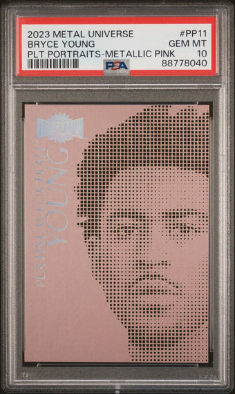 compare product Bryce Young 2023 Skybox Metal Universe Platinum Portraits Metallic Pink Rookie Card PSA 10