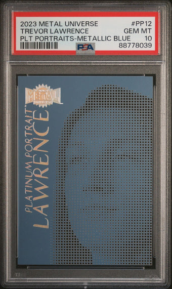 compare product Trevor Lawrence 2023 Skybox Metal Universe Platinum Portraits Metallic Blue PSA 10